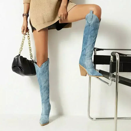 Denim ocidental mulheres joelho coxa botas altas novo 2024 outono inverno salto alto cowboy botas longas tamanho 43 deslizamento em sapatos femininos