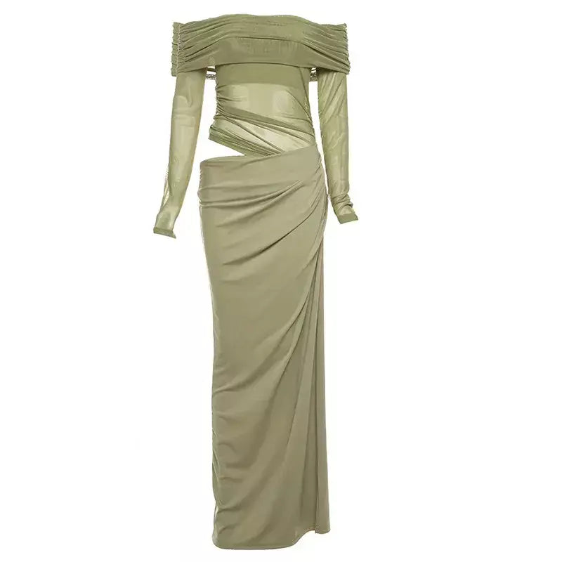 Oco sexy vestido longo feminino um ombro malha transparente festa noite vestido de malha verão moda cor sólida maxi vestidos
