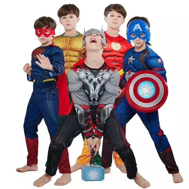 Super-herói homem aranha capitão américa homem de ferro thor hulk batman cosplay traje muscular bodysuit macacão para crianças festa de halloween