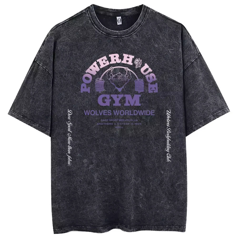Lobos escuros Vintage lavados camisetas para homens, musculação em ginástica, roupas masculinas extragrandes, fitness no verão, treino