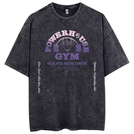 Lobos escuros Vintage lavados camisetas para homens, musculação em ginástica, roupas masculinas extragrandes, fitness no verão, treino