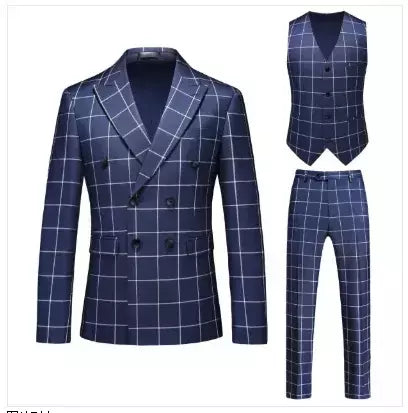 (Blazer + calça + colete) masculino luxo formal ternos de casamento moda masculina negócios social baile festa duplo breasted vestido xadrez 3 peça