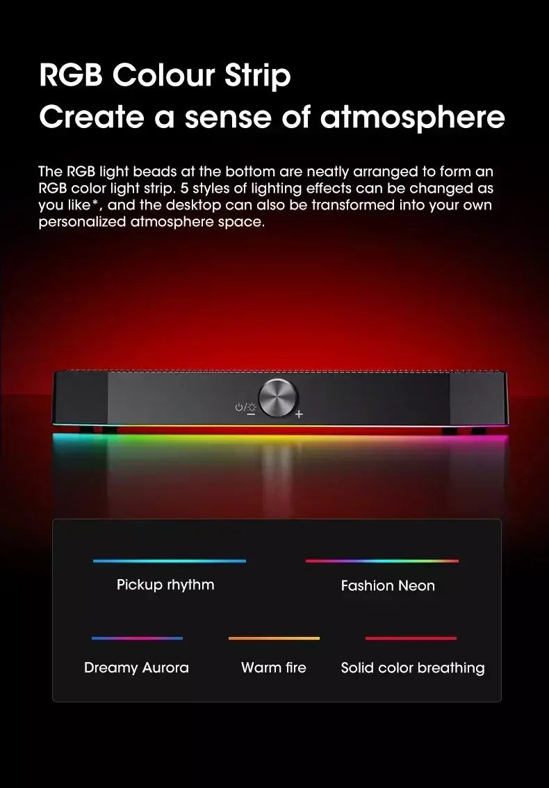 Barra de som sem fio Bluetooth 4D Surround RGB Luzes, subwoofer de graves profundos para laptop de jogos de PC de home theater, alto-falante multiroom 120W