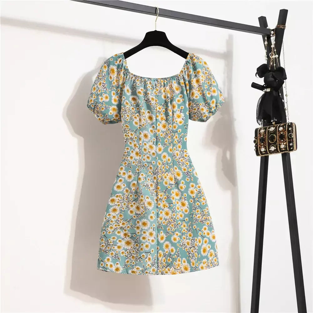 Mulheres mini vestidos de verão moda feminina vestidos impressão floral chiffon vestidos shirring plissado manga curta inchado vestido casual