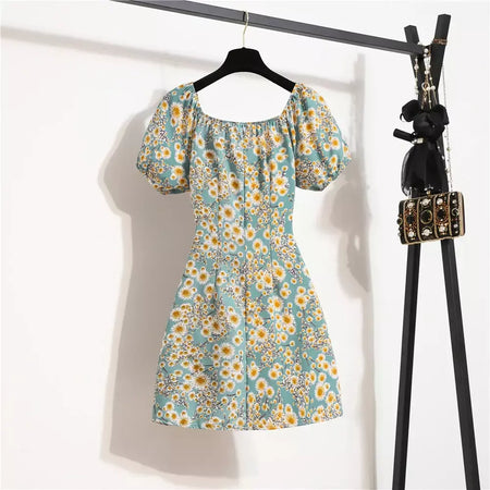 Mulheres mini vestidos de verão moda feminina vestidos impressão floral chiffon vestidos shirring plissado manga curta inchado vestido casual