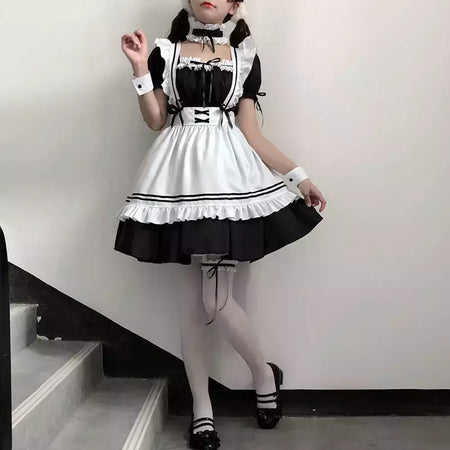 Preto branco lolita empregada traje cosplay trajes bonito vestido sexy avental francês uniforme café empregada festa saia roupas femininas