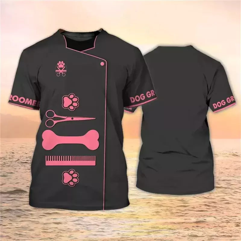 Dog Groomer's T-shirts para homens e mulheres, Pet Grooming Uniformes, Tops roupas, canino, veterinário, cabeleireiros, trabalho canino, 2024