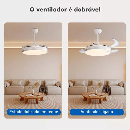 Ventilador de Teto Inteligente com Luz Invisível 3CCT e Controle Remoto - Design Dobrável, 3 Velocidades, Timer e App Tuya