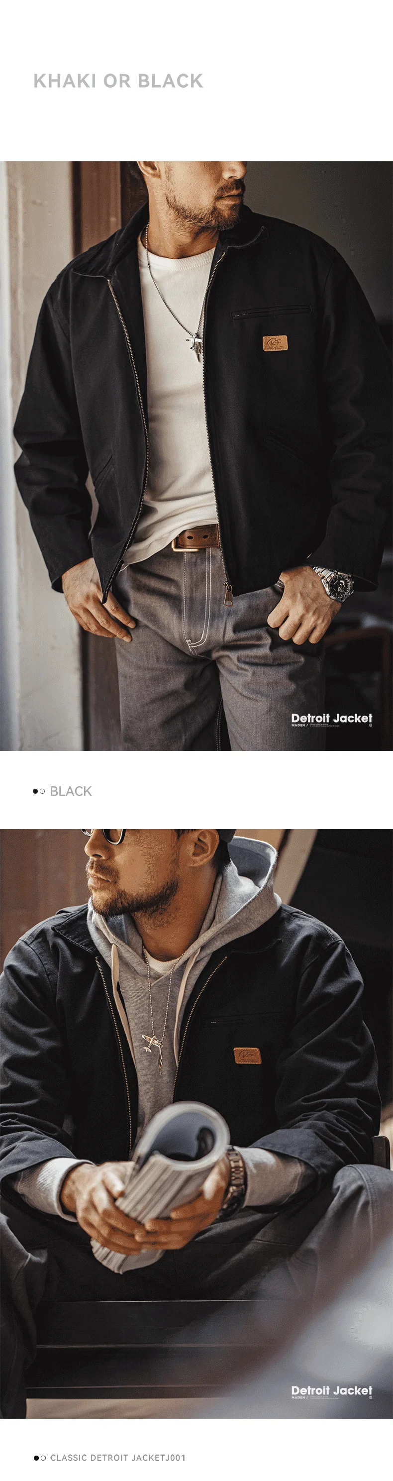 Maden J001 - Casaco de Caça Régua Detroit para Homem de Outono, Tecido de Lã Retro, Bolsos de Algodão Resistente, Design de Colarinho Lapel e Fechadura Ziper