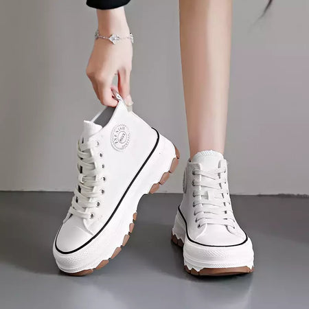 Tênis casual de cano alto para mulheres, com cordões, lona de altura da plataforma, antiderrapante, resistente ao desgaste, sapatos femininos vulcanizados, primavera, 2024
