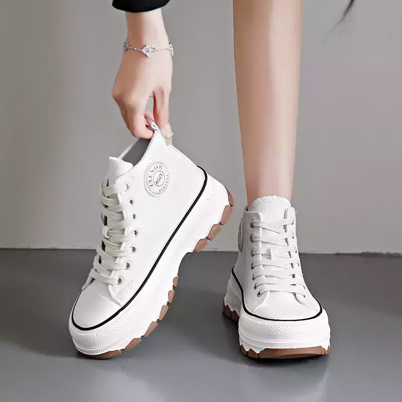 Tênis casual de cano alto para mulheres, com cordões, lona de altura da plataforma, antiderrapante, resistente ao desgaste, sapatos femininos vulcanizados, primavera, 2024