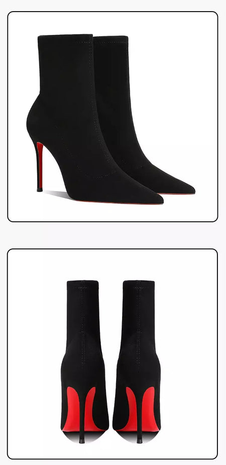 Botas de tornozelo femininas de inverno vermelho brilhante bottoms meias de malha botas outono 2025 nova moda botas de estiramento sexy feminino salto alto fem