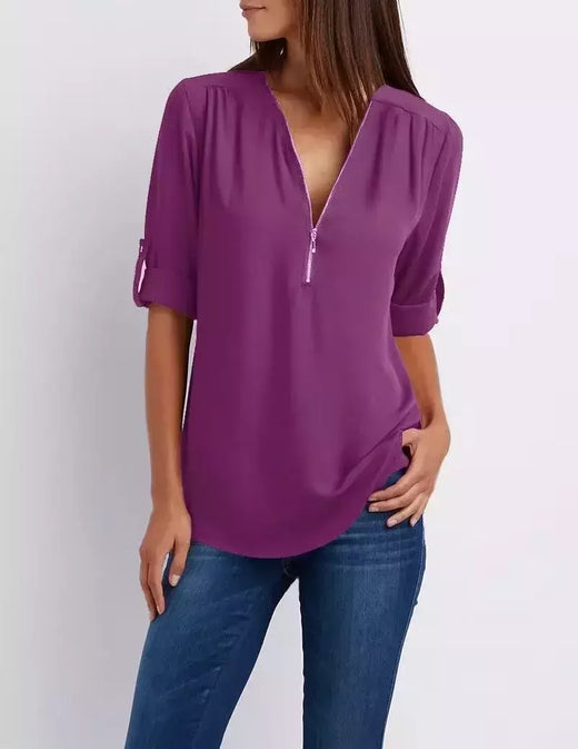 Blusa feminina profunda com gola V, tops femininos, pulôver sexy com zíper, moda casual, camisa solta legal, plus size, venda quente, 2024