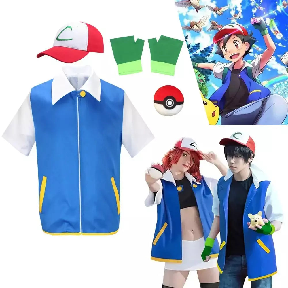 Anime dos desenhos animados cinza ketchum trainer jaqueta azul traje p-pokemoning ir jaqueta azul chapéus luvas para meninos meninas cosplay para festa