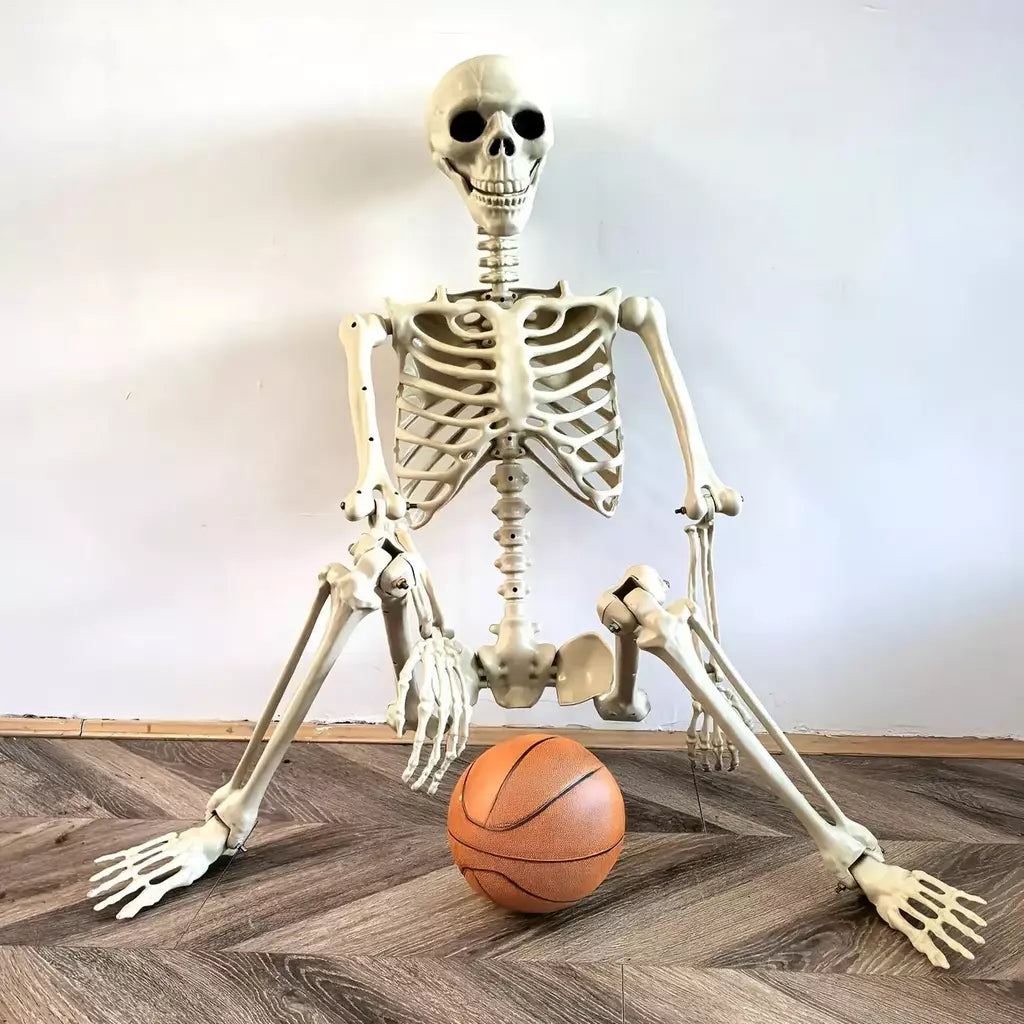 Esqueleto de halloween em tamanho real, esqueleto humano com articulações posáveis, resistente às intempéries, decoração de jardim, adereços fotográficos assustadores para feriados