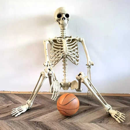 Esqueleto de halloween em tamanho real, esqueleto humano com articulações posáveis, resistente às intempéries, decoração de jardim, adereços fotográficos assustadores para feriados