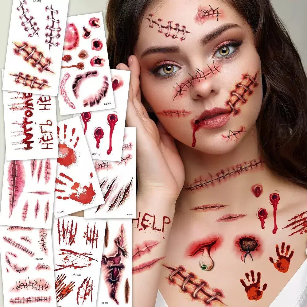 32 peças tatuagens temporárias de cicatriz falsa 3D de Halloween - designs de feridas sangrenas e zumbi para rosto/corpo, festa de fantasia, brincadeira e cosplay ?