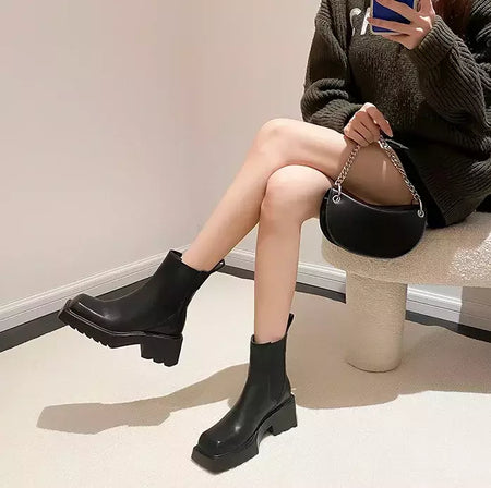 Mulheres de couro genuíno botas nuas novo salto grosso chelsea botas dedo do pé quadrado botas curtas de salto alto designer moda feminina botas