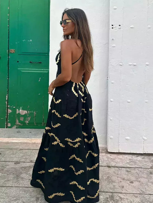 Vestido dividido sem costas sem mangas estampado feminino, sexy com decote em v, vestidos de cintura alta, férias na praia, verão, 2024