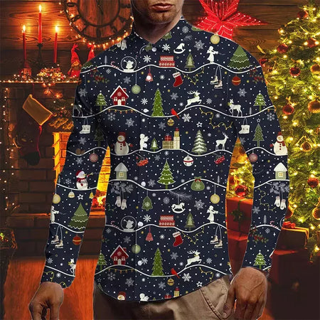 Camisas para homens outono natal férias lapela blusa masculina férias moda roupas masculinas diariamente rua camisas de manga longa botões