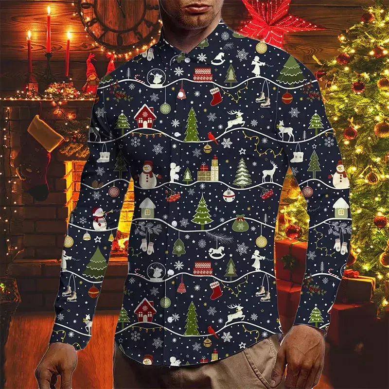 Camisas para homens outono natal férias lapela blusa masculina férias moda roupas masculinas diariamente rua camisas de manga longa botões