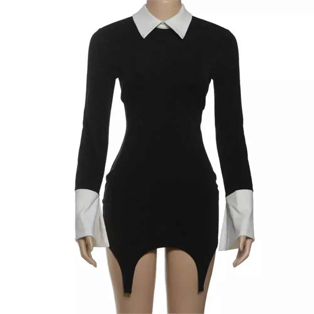 Retro vestido fino outono inverno moda cor bloqueando sexy elegante vestidos de noite manga longa lapela cintura alta roupas femininas
