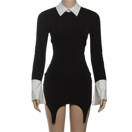 Retro vestido fino outono inverno moda cor bloqueando sexy elegante vestidos de noite manga longa lapela cintura alta roupas femininas