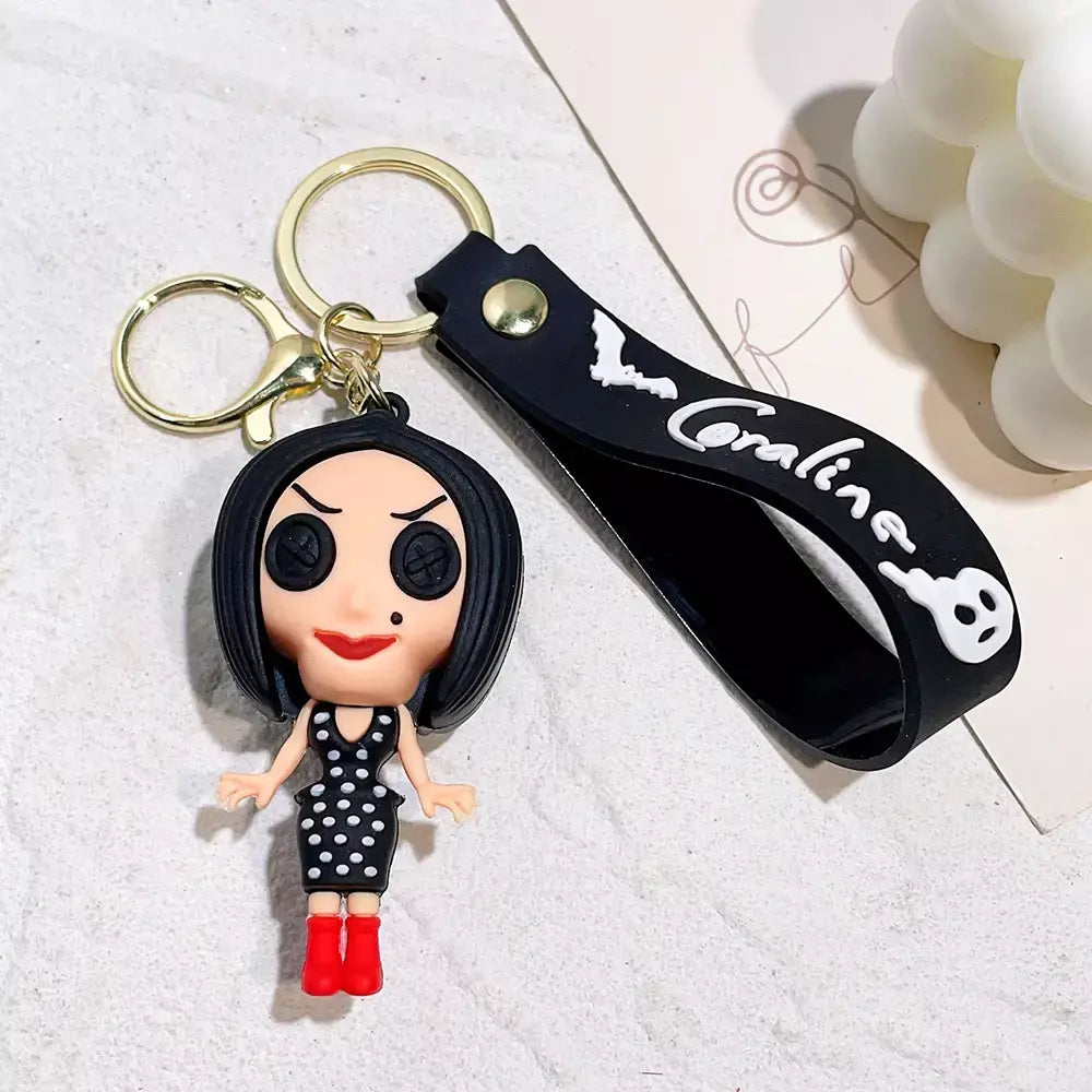 Criativo dos desenhos animados filme de ação coraline figura boneca modelo bonito boneca pvc chaveiro ornamento chaveiro pingente crianças presentes