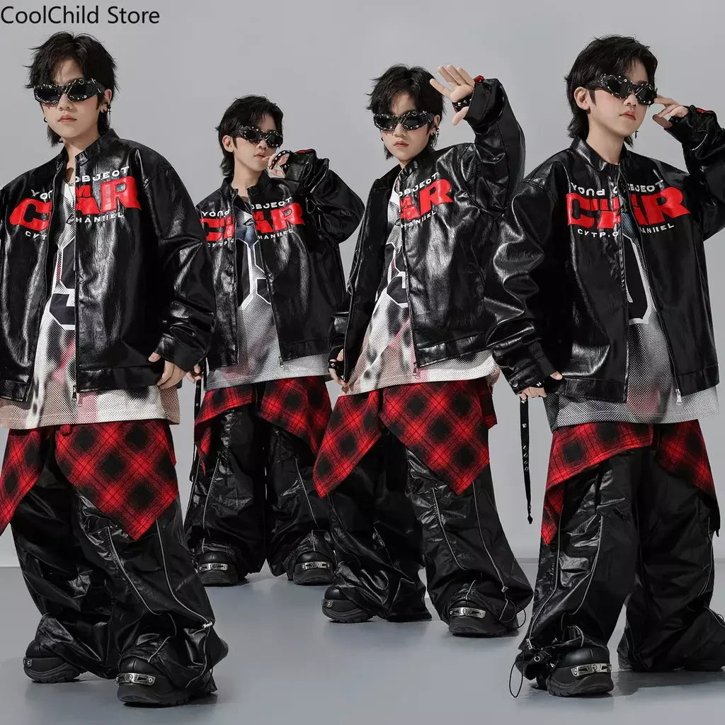 Meninos hio hop letras jaqueta de couro dança de rua calças de carga soltas meninas k-pop streetwear crianças conjunto de roupas jazz traje