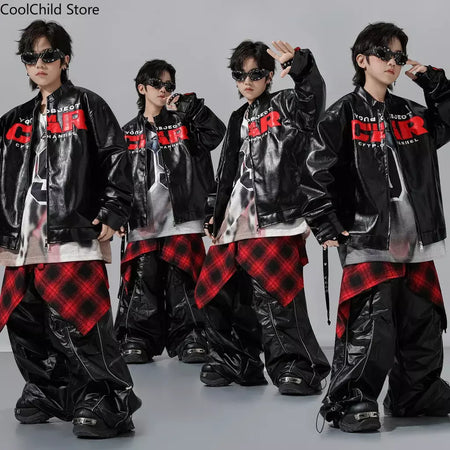Meninos hio hop letras jaqueta de couro dança de rua calças de carga soltas meninas k-pop streetwear crianças conjunto de roupas jazz traje