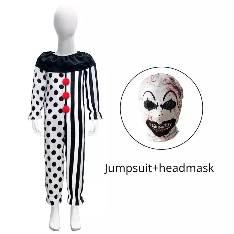 Crianças palhaço cosplay traje de halloween com máscara chapéu terrifier palhaço vestido criança macacão roupas para meninos meninas festa de carnaval