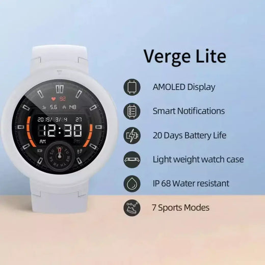Amazfit-Relógio Inteligente Verge Lite, Versão Global, Tela AMOLED, GPS, IP68 Impermeável, Instrução 24 Horas, 98New No Original box