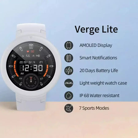Amazfit-Relógio Inteligente Verge Lite, Versão Global, Tela AMOLED, GPS, IP68 Impermeável, Instrução 24 Horas, 98New No Original box