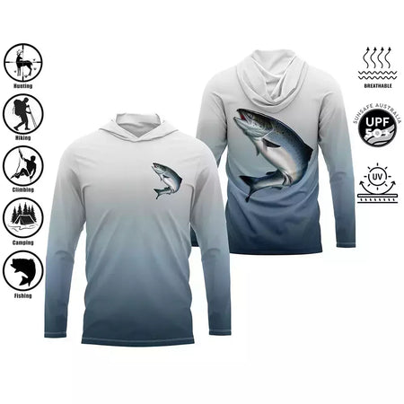 Camisa de pesca com capuz, camisa de pesca com capuz, proteção uv, padrão de moda ao ar livre, estampa de umidade, homem, vestuário de pesca