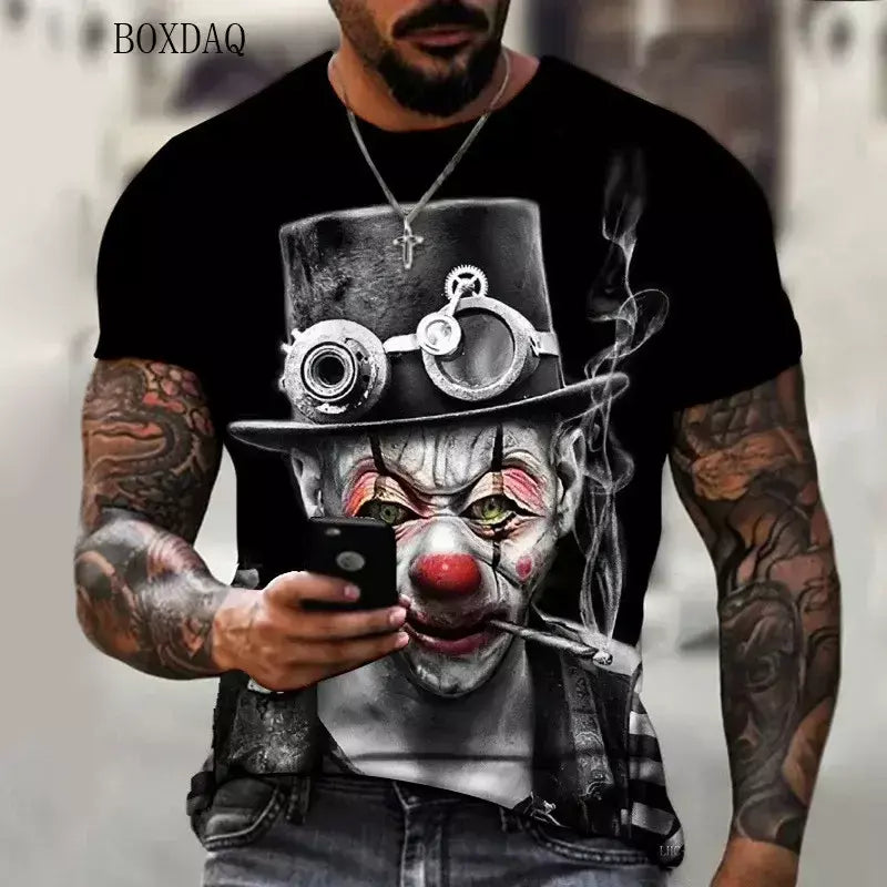 Camiseta masculina de manga curta, solta e casual, com padrão de palhaço aterrorizante, impressa em 3D, tamanho grande 6XL, verão