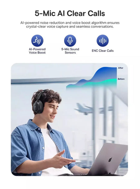 Baseus bowie h1s fones de ouvido sem fio bluetooth 5.4 cancelamento de ruído 46db sobre a orelha fone de ouvido de áudio espacial de alta resolução 120h tempo