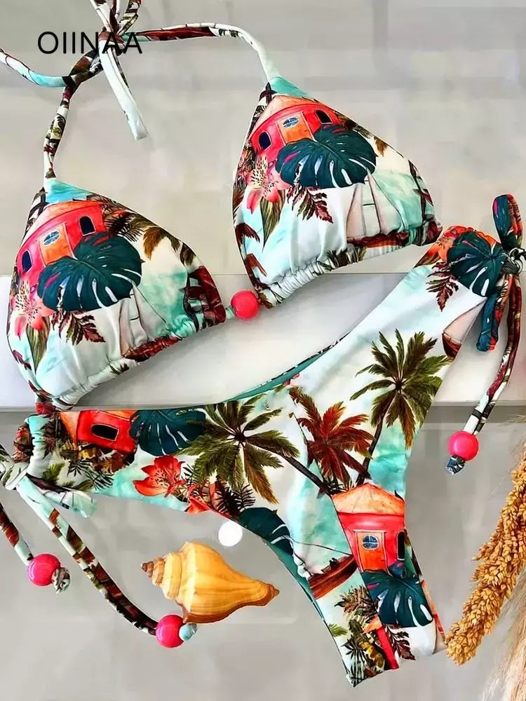 OIINAA-maiô sexy para mulheres, moda praia estampa halter, conjunto de biquíni com renda, maiô verão, moda praia sexy com cordão, 2 peças