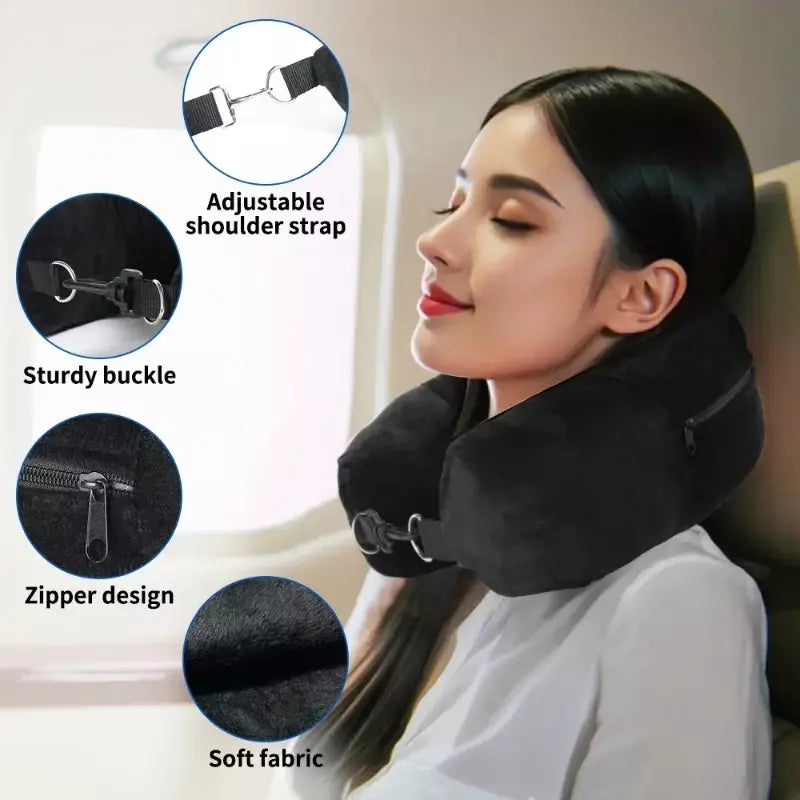 Travesseiro de pescoço para viagem com roupas preenchíveis, fronha em formato de u, capa de veludo, bolsa de armazenamento extra para avião, economia de espaço de viagem