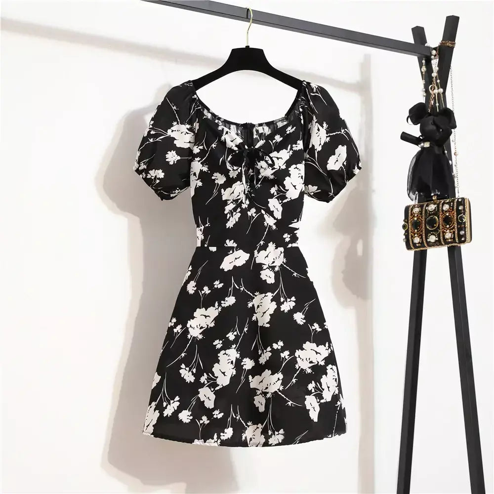 Mulheres mini vestidos de verão moda feminina vestidos impressão floral chiffon vestidos shirring plissado manga curta inchado vestido casual