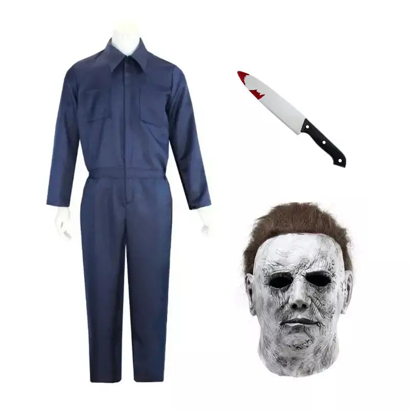 Michael Myers fantasia cosplay para homens e mulheres, roupas anime, assassino sangrento, macacão, máscara de horror, festa de Halloween