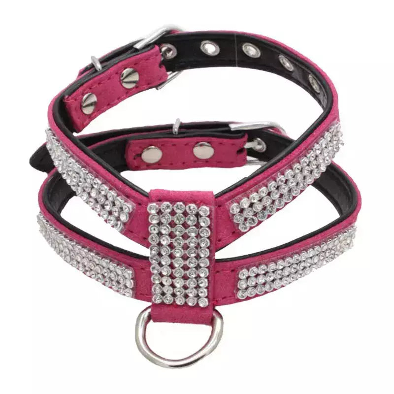 Coleira para cães, cinta peitoral ajustável, produtos para animais de estimação, coleira para cães, liberação rápida, brilhante, em forma de k, strass, couro pu