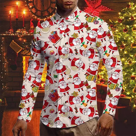 Camisas para homens outono natal férias lapela blusa masculina férias moda roupas masculinas diariamente rua camisas de manga longa botões