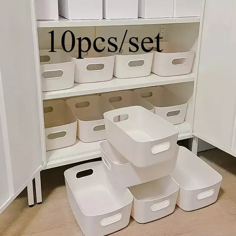 Conjunto de caixa de armazenamento empilhável de 5 peças, recipientes organizadores de plástico retangulares, duráveis, reutilizáveis, para cozinha, banheiro, itens essenciais para dormitório