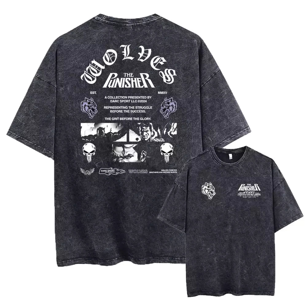 Lobos escuros Vintage lavados camisetas para homens, musculação em ginástica, roupas masculinas extragrandes, fitness no verão, treino