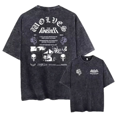 Lobos escuros Vintage lavados camisetas para homens, musculação em ginástica, roupas masculinas extragrandes, fitness no verão, treino