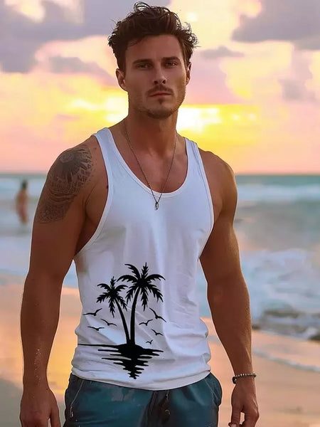 Camisola regata havaiana masculina, camiseta sem mangas, festa na praia, fitness ao ar livre, estampa 3D palmeira, verão, novo, 2022