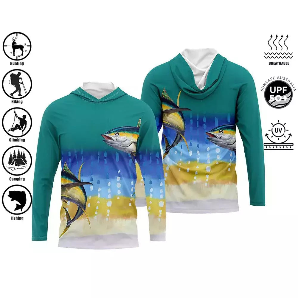 Camisa de pesca com capuz, camisa de pesca com capuz, proteção uv, padrão de moda ao ar livre, estampa de umidade, homem, vestuário de pesca