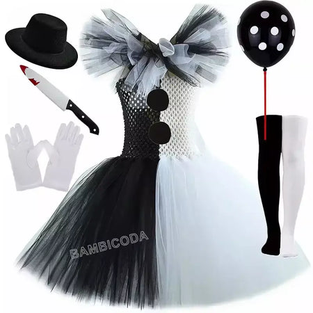 O traje de palhaço terrível arte menina preto branco fantasia tutu vestido horror coringa vestido para meninas trajes de festa de carnaval de halloween