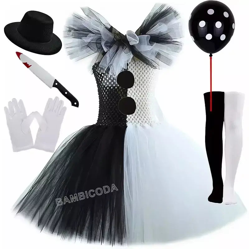 O traje de palhaço terrível arte menina preto branco fantasia tutu vestido horror coringa vestido para meninas trajes de festa de carnaval de halloween