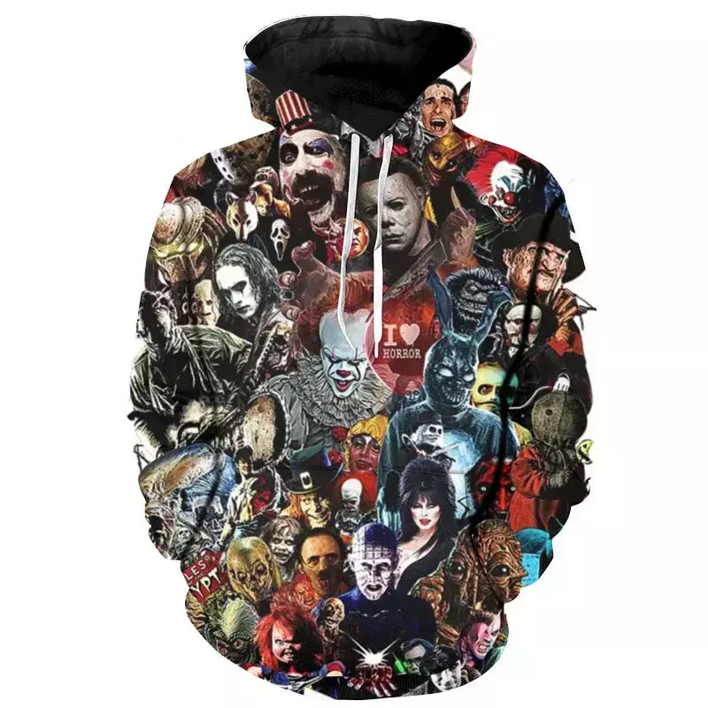 Moletons com capuz grandes para homens e mulheres, pulôver impresso 3D de filmes de terror, moletons legais, personalidade casual, nova chegada